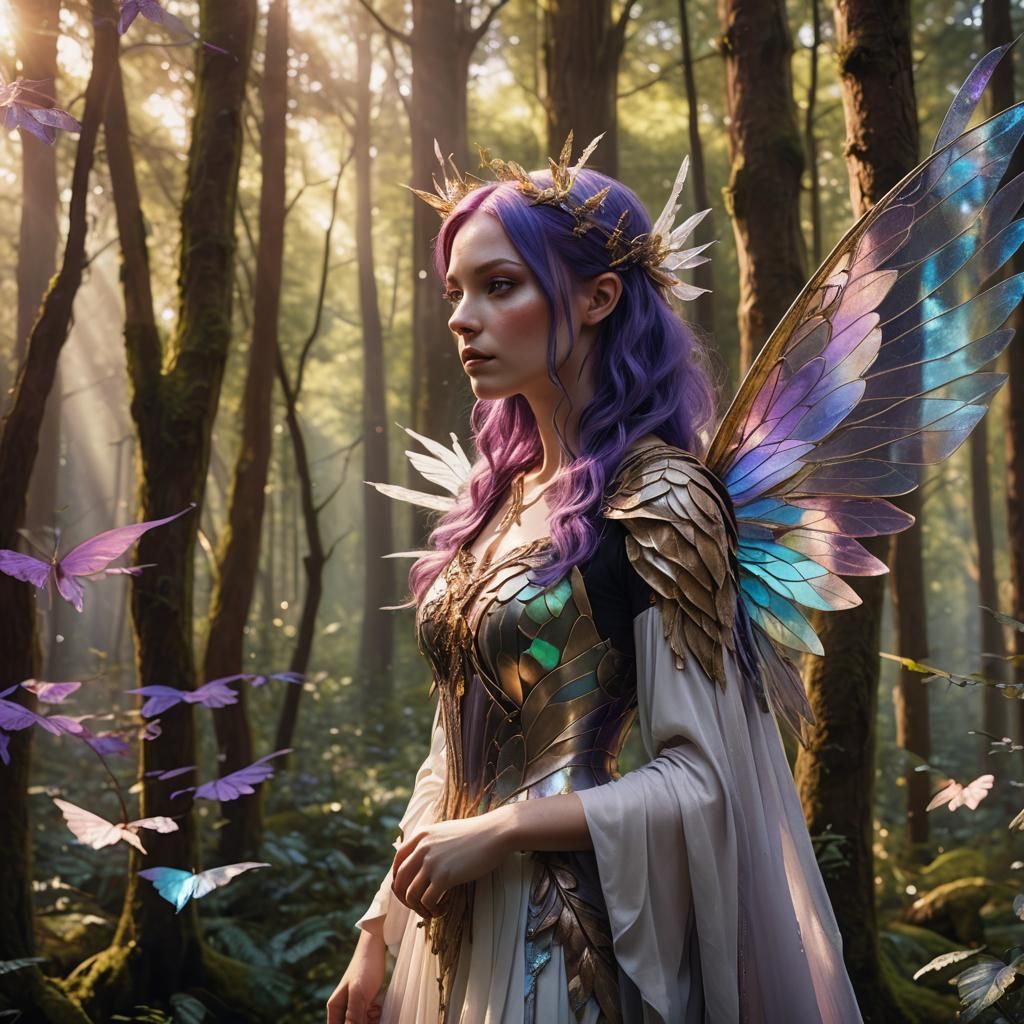 Purple Haired Fairy in Enchanted Forest, Digital Art