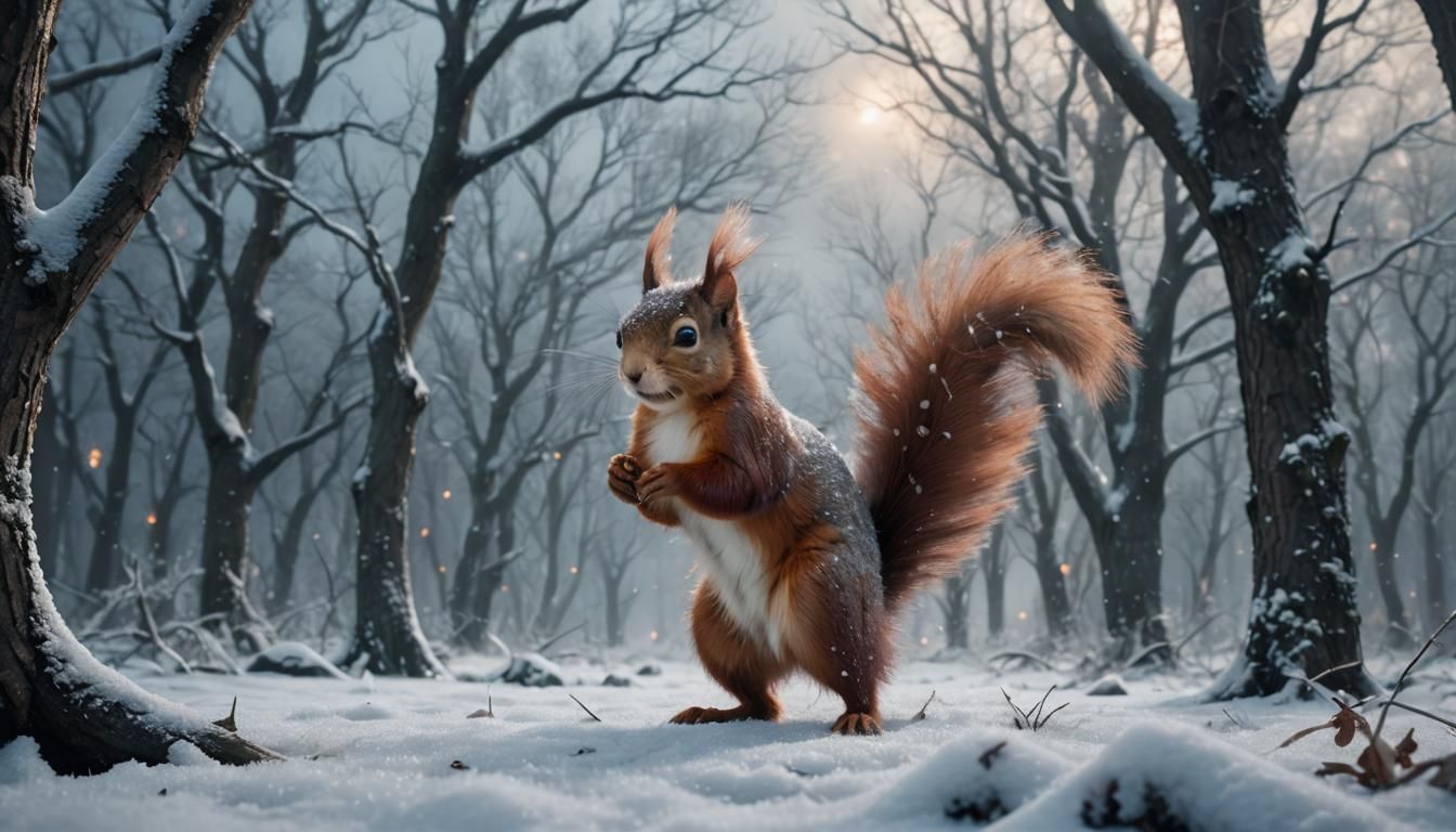 Red Squirrel in Snowy Fantasy Landscape