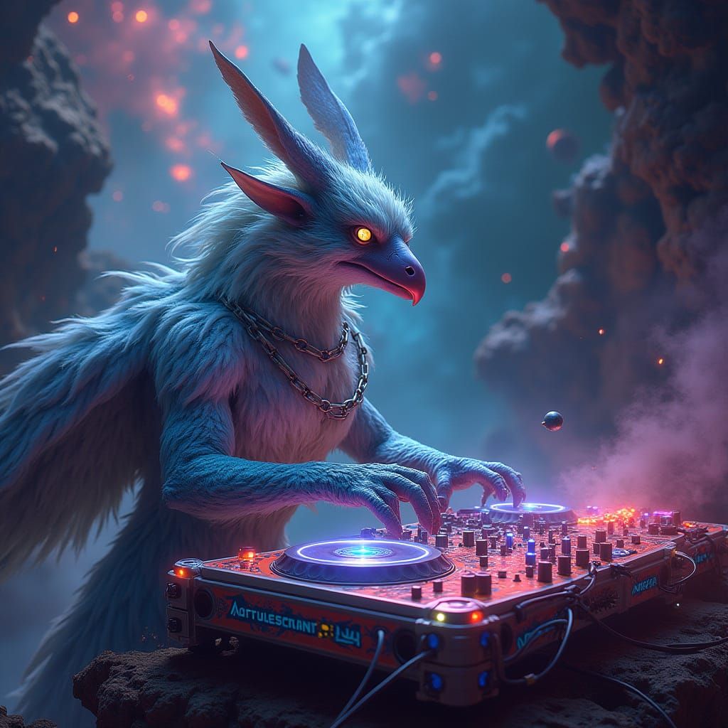 Cosmic Gryphon DJ in Iridescent Nebula