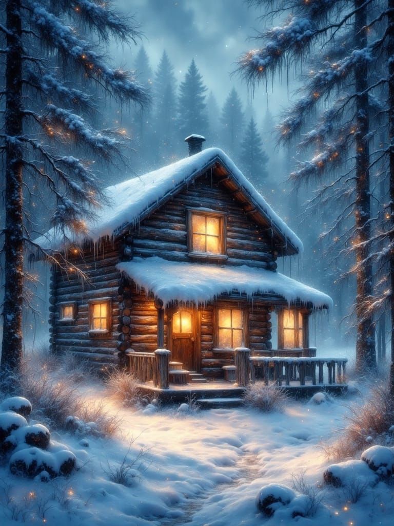 Cozy Log Cabin in Snowy Forest at Twilight