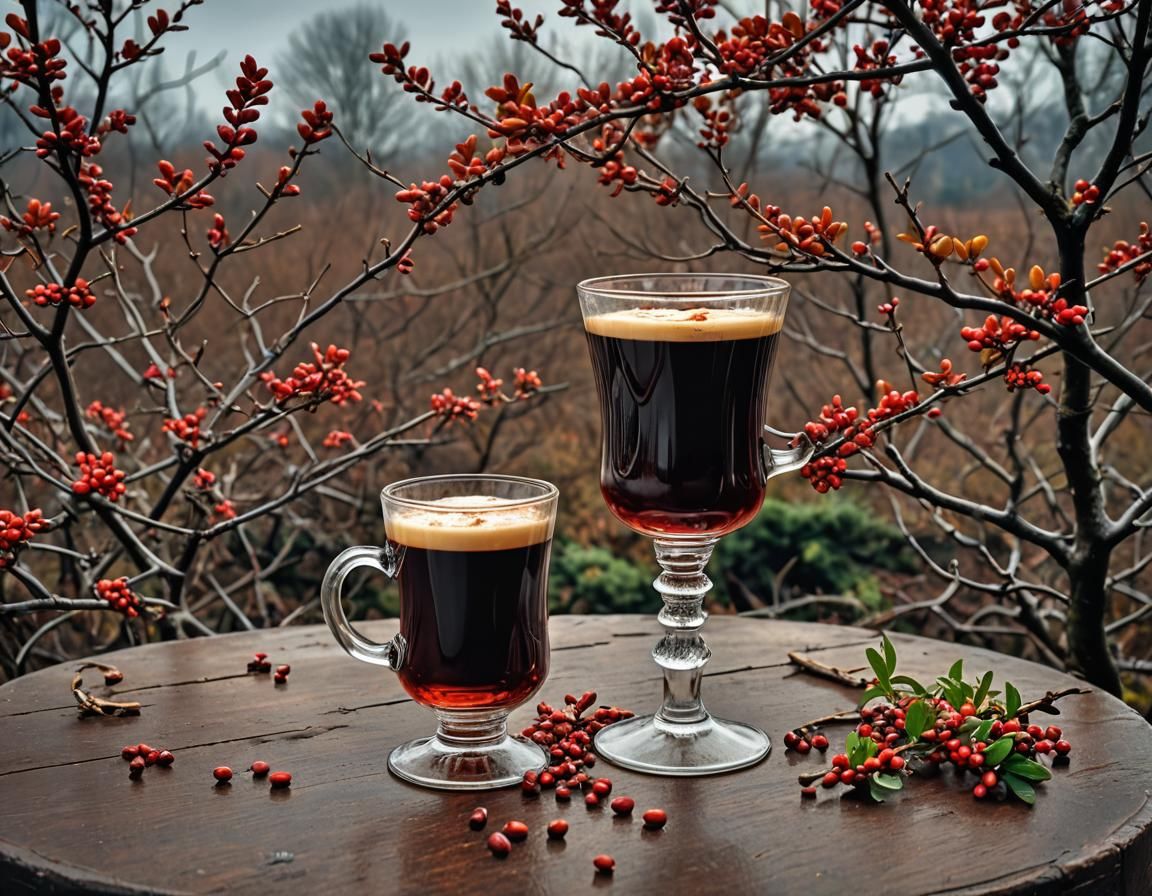 Hyperrealistic Irish Coffee with Red Barberry Bush