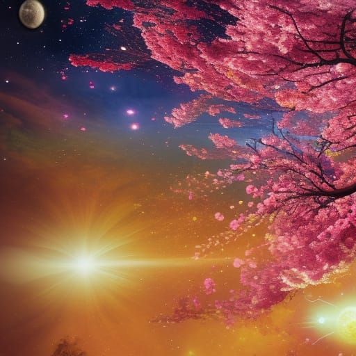 Cosmic Cherry Blossom Tree in Fantasy Landscape