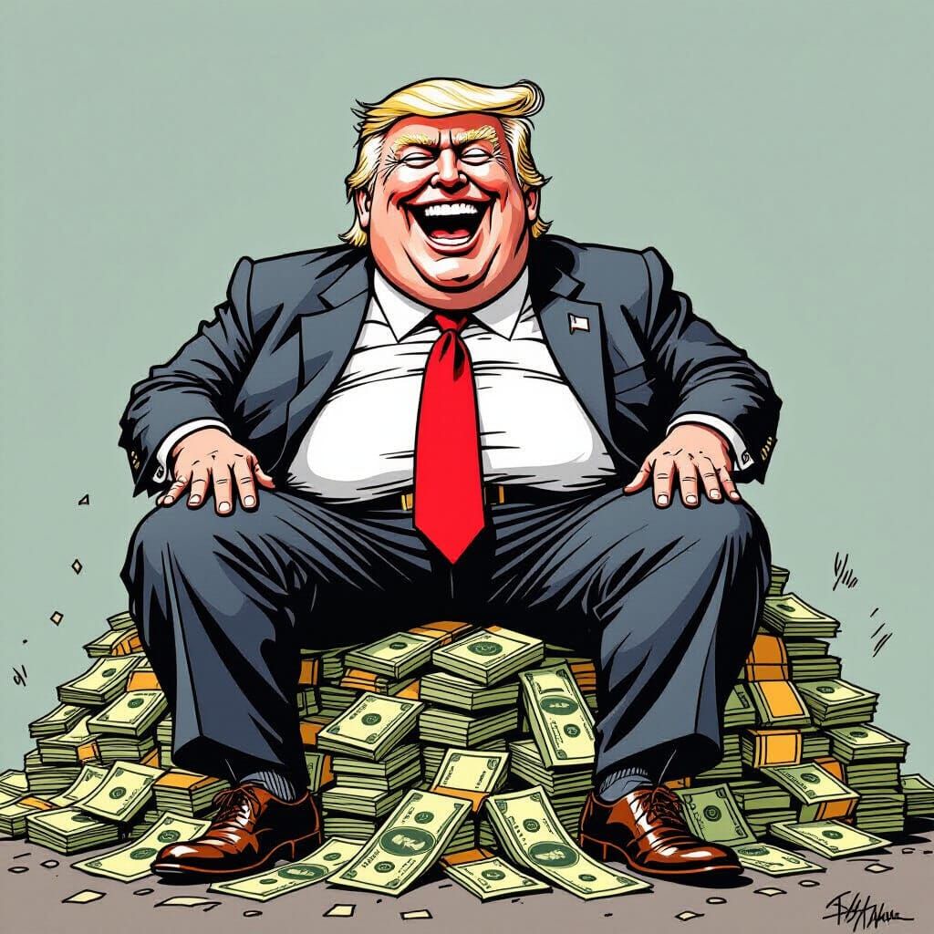 Trump on a Pile of Money, Caricature Art
