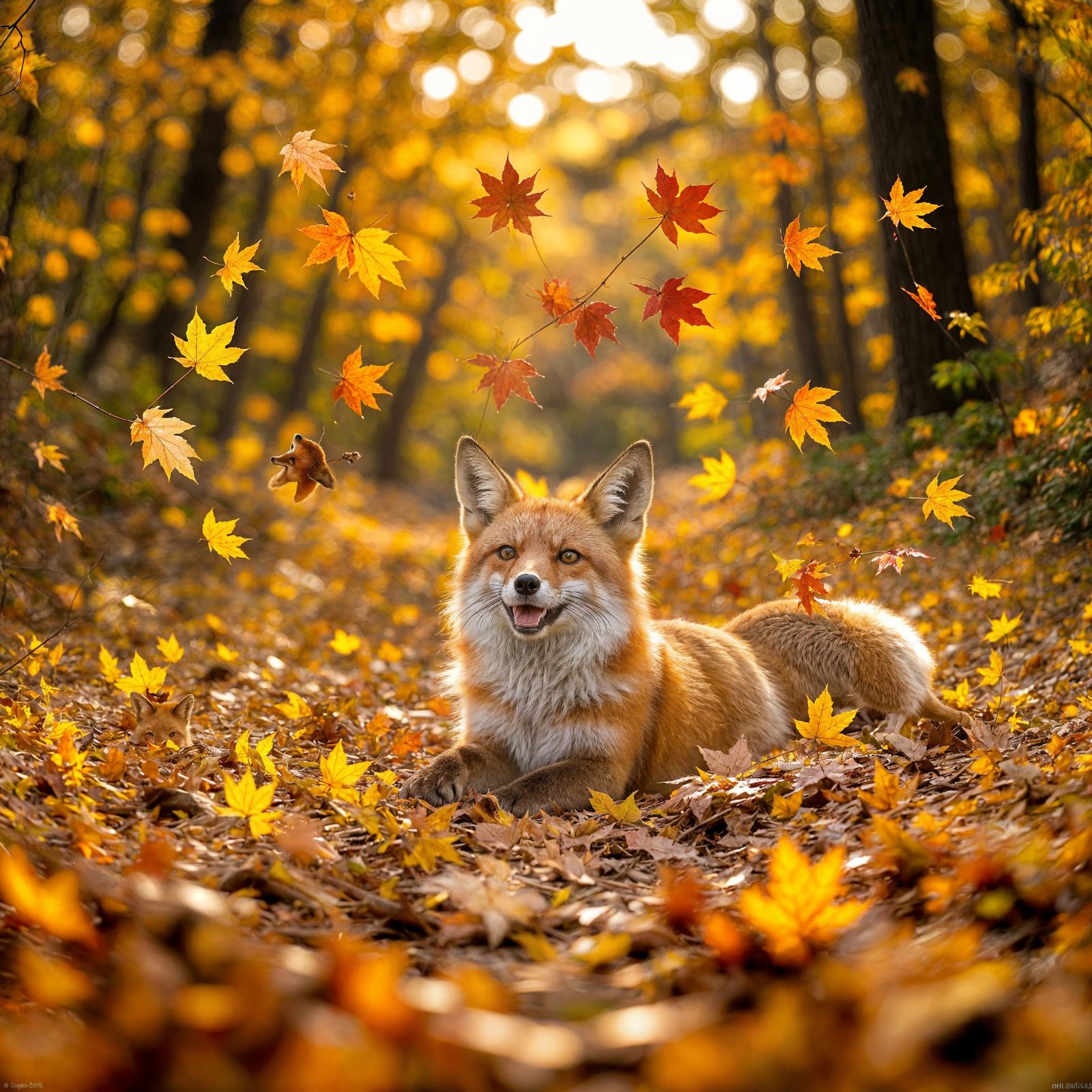 Red Fox Plays in Autumn Leaves Sunlight
