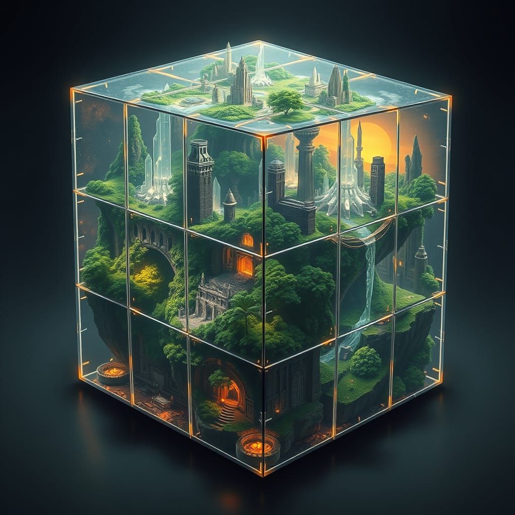 Hyper-Realistic World Inside a Glowing Rubik's Cube
