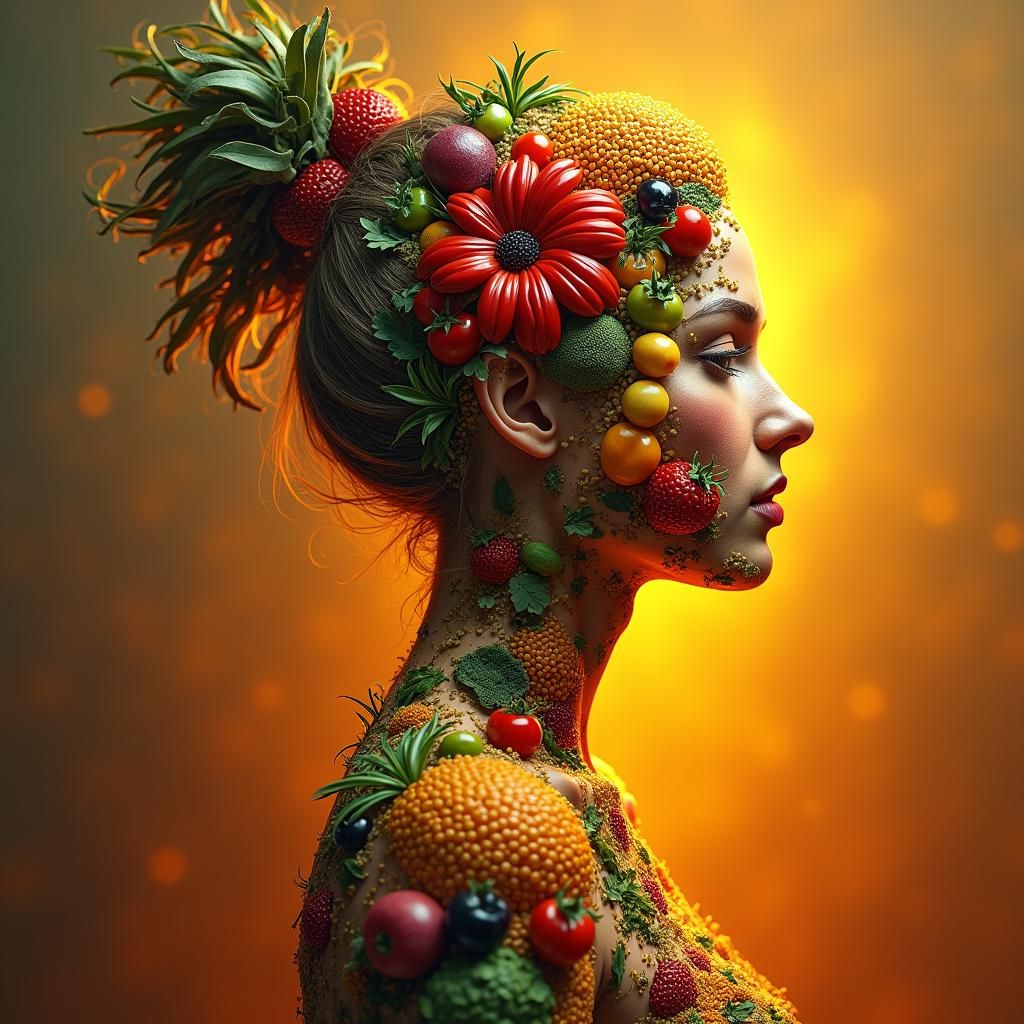 Botanical Woman Silhouette in Vibrant Digital Art