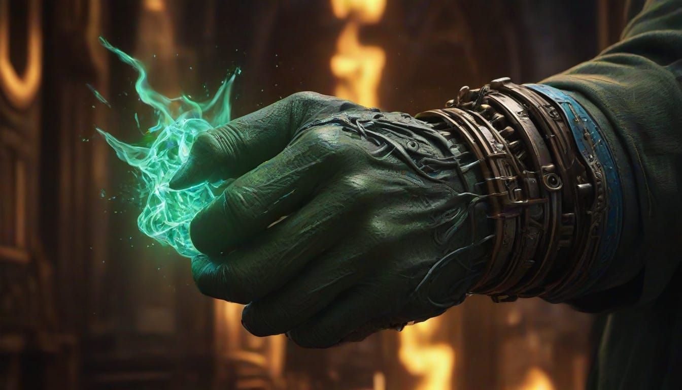 Surreal, Hyperrealistic Fist Encased in Swirling Green and B...