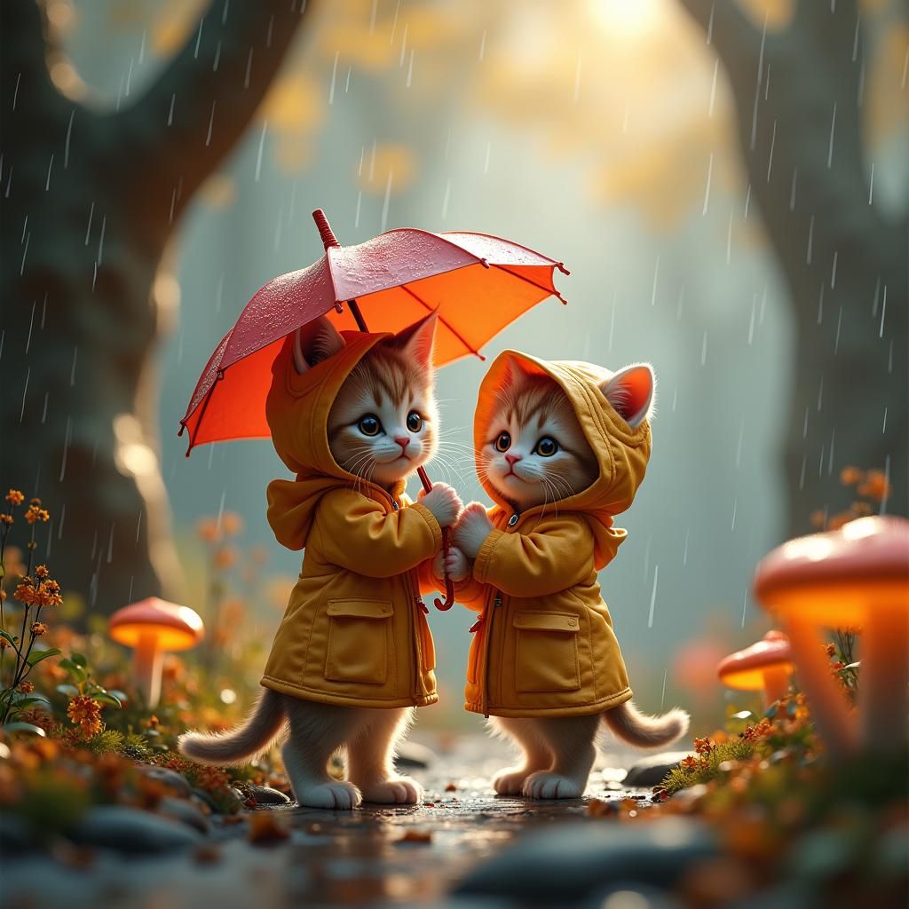 Kittens Share Umbrella in Mystical Autumn Forest