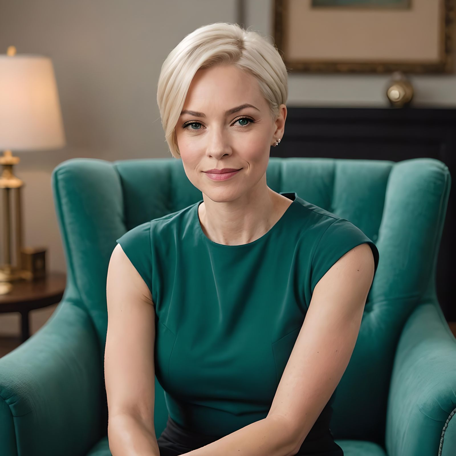 Woman in Teal Armchair at Social Event