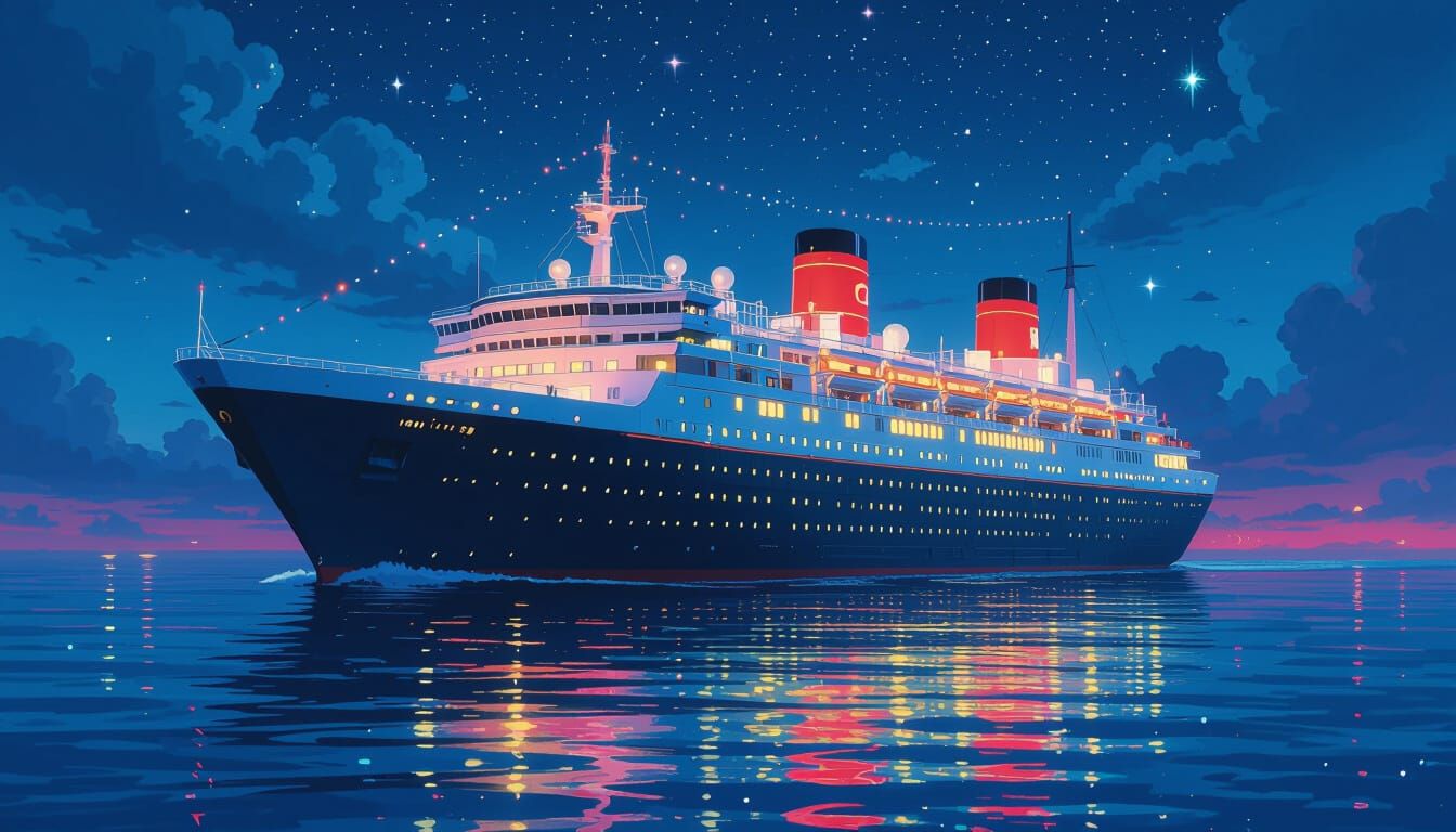 Cyberpunk Ocean Liner at Night in Neon Lights