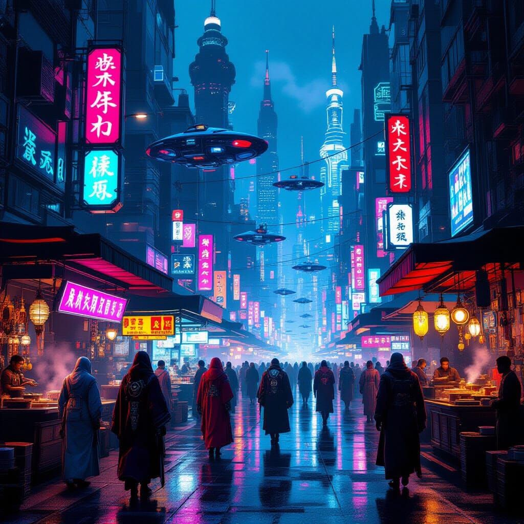 Futuristic Alien Market at Twilight in Cyberpunk Style