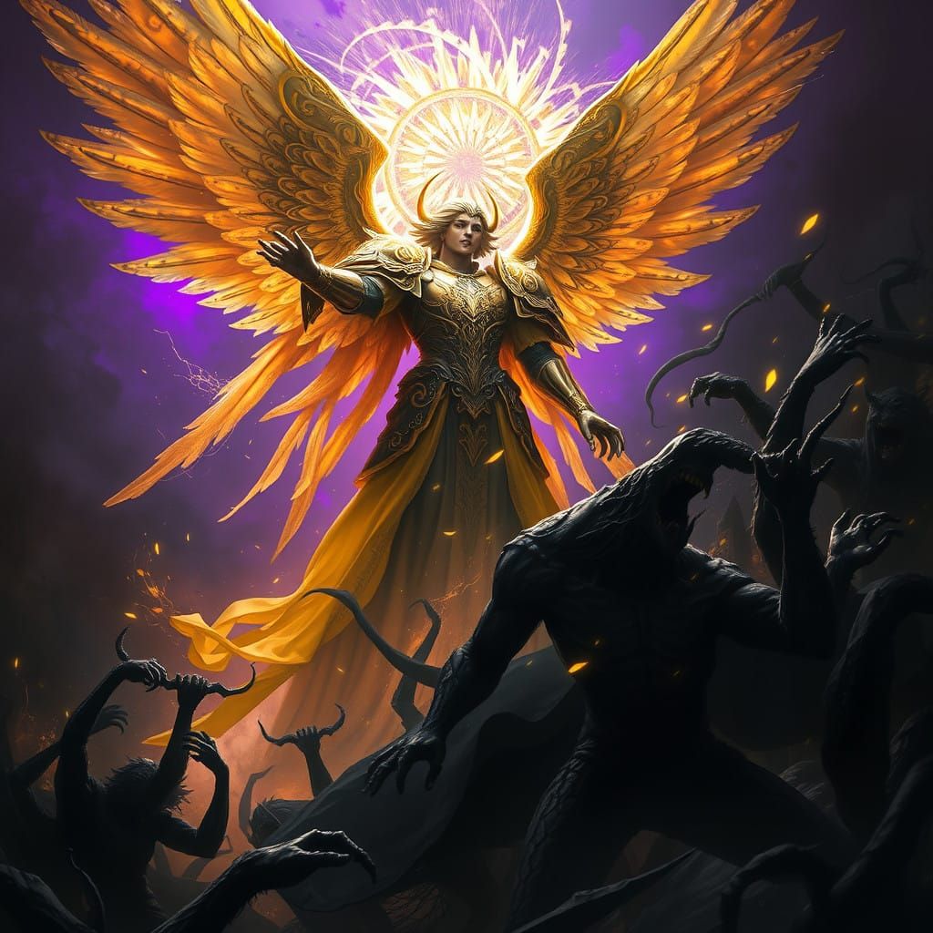 Golden Angel Unleashes Divine Power Amidst Dark Fantasy