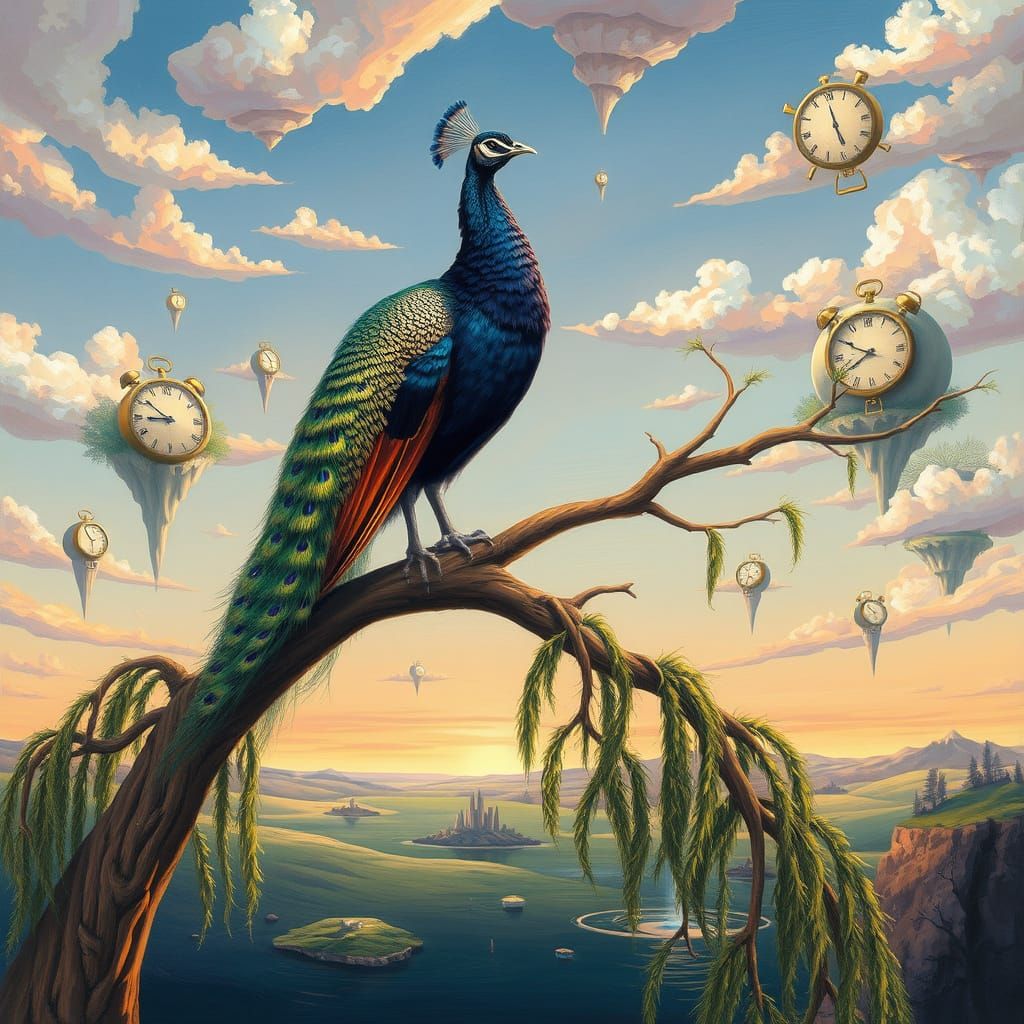 A surrealistic, proud peacock perched on a branch of a weepi...