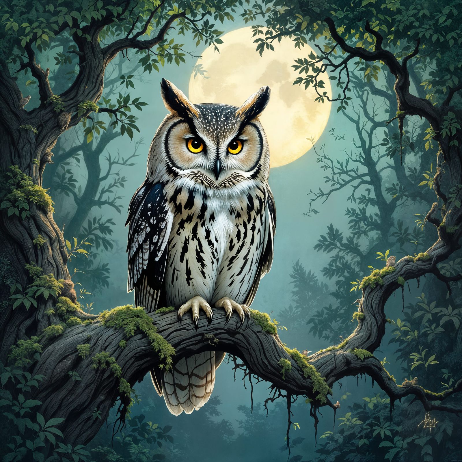 Wise Owl in Enchanted Forest Fairy Tale Illustration