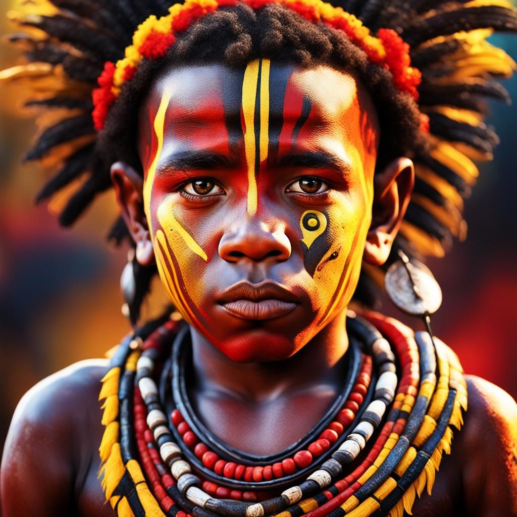 Tribal warrior, young boy facing the camera, brown skinned, Papua New Guinean, Red-yellow-white-black vibrant colors, Hy...