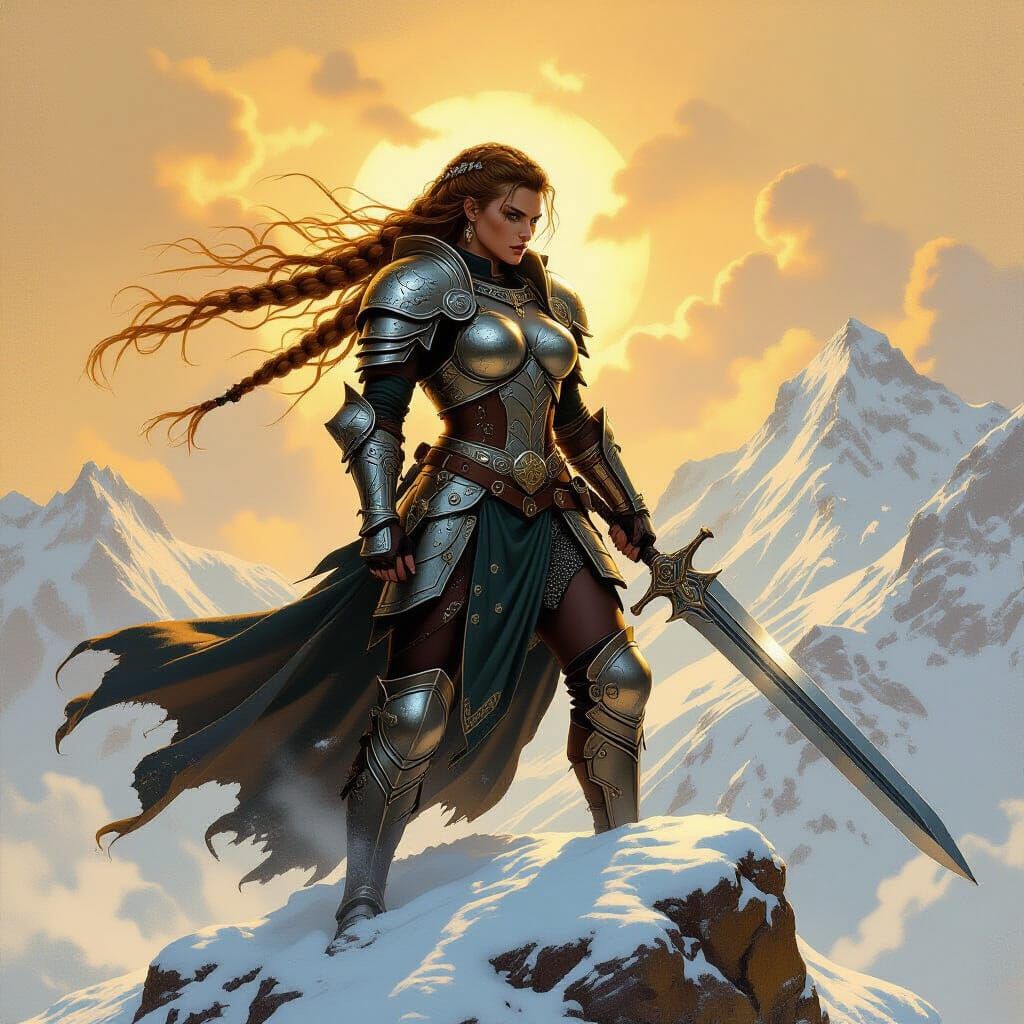 Valkyrie Warrior on Snowy Peak, in Frazetta Style