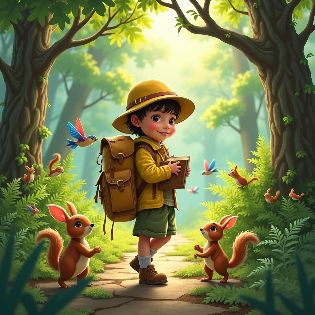 Child Explorer in Enchanted Forest, Fairy-Tale Illustration