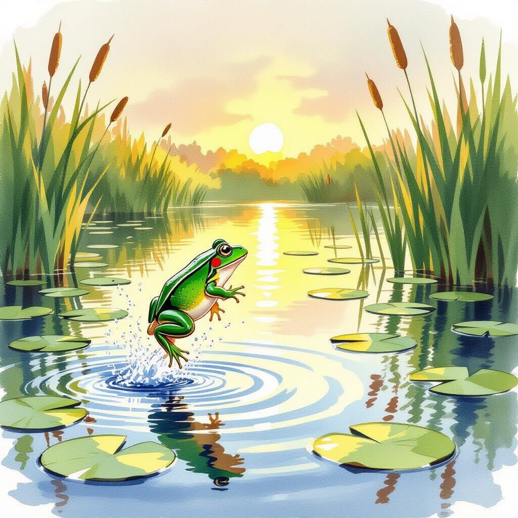 Frog Leaping into Pond in Golden Hour Watercolor Style