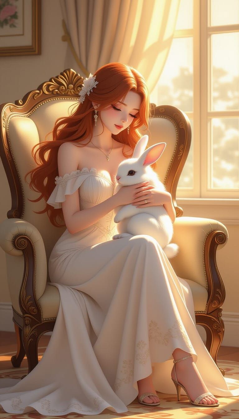 Serene Woman with Pet Rabbit in Golden Hour Light