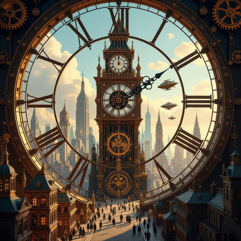 Steampunk City Inside Grandfather Clock with Airships