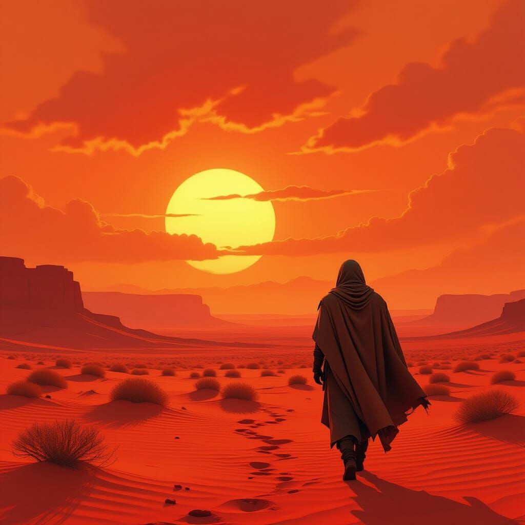 Red Desert Wanderer Under Burning Sky