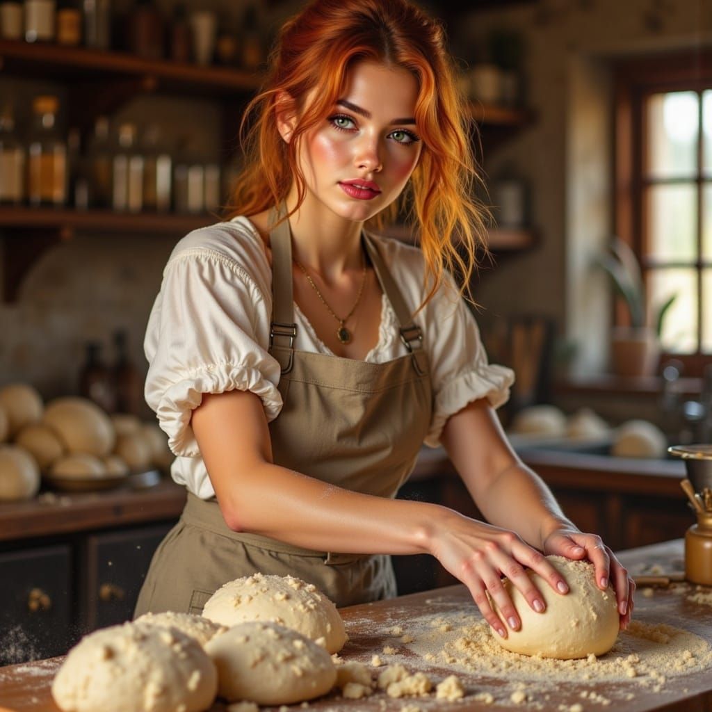 Redhead Baker Kneading Dough in Warm Kitchen Light
