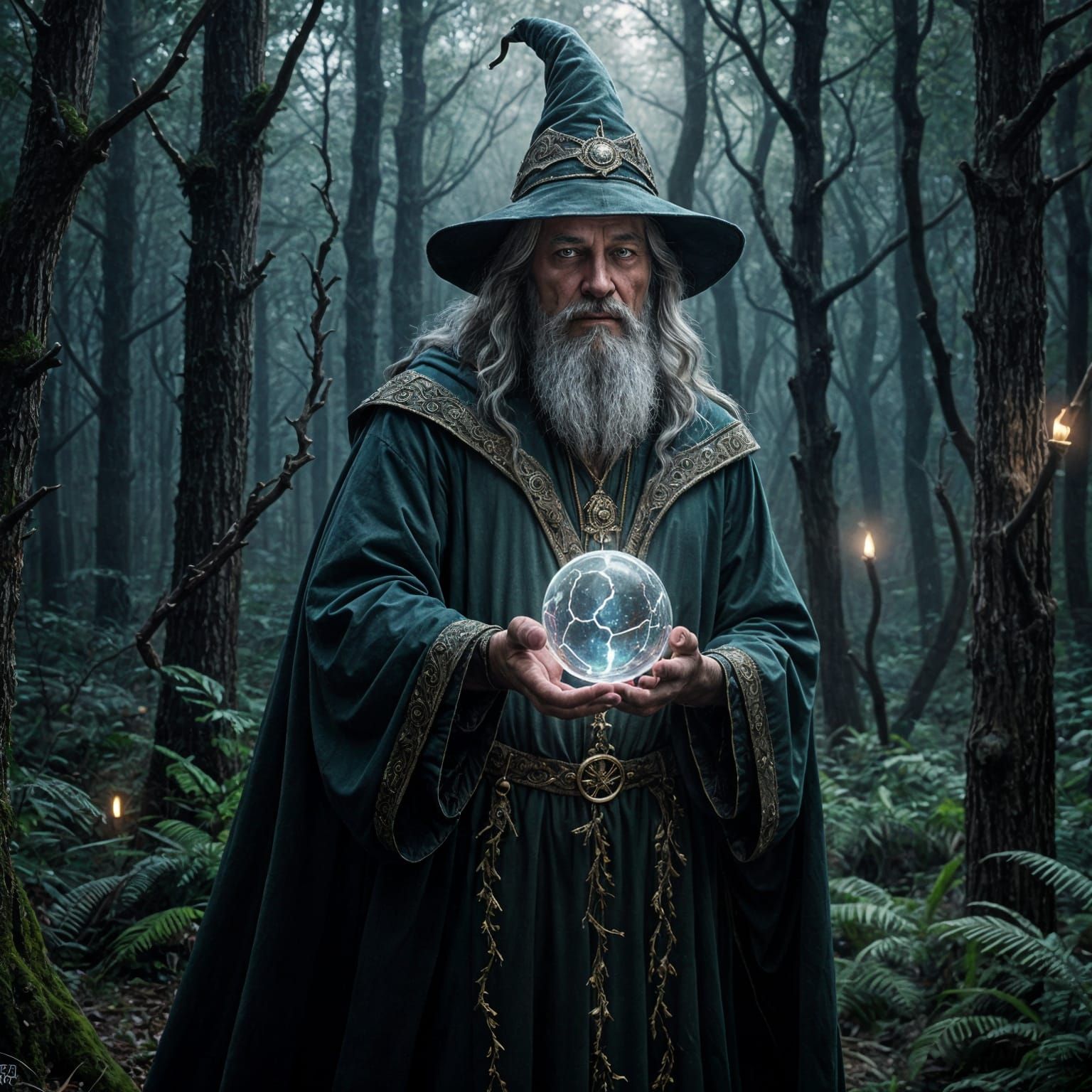 Mysterious Wizard in Dark Fantasy Landscape