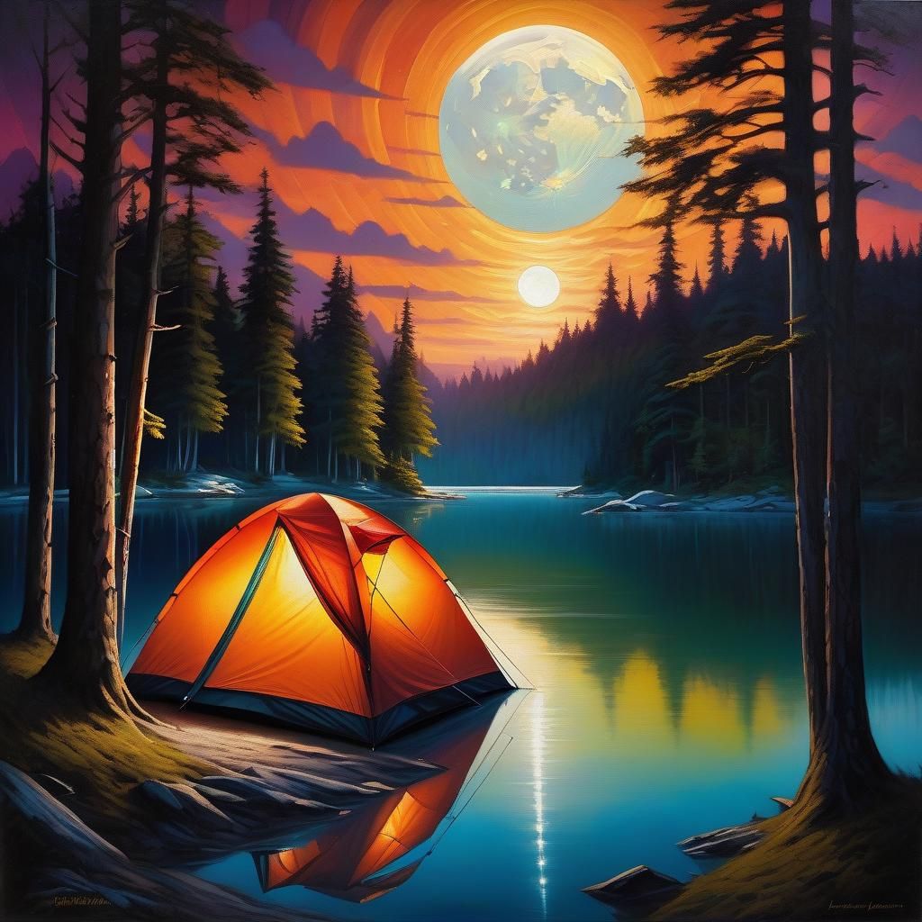 Glacial Lake Campsite at Night as Impasto Painting