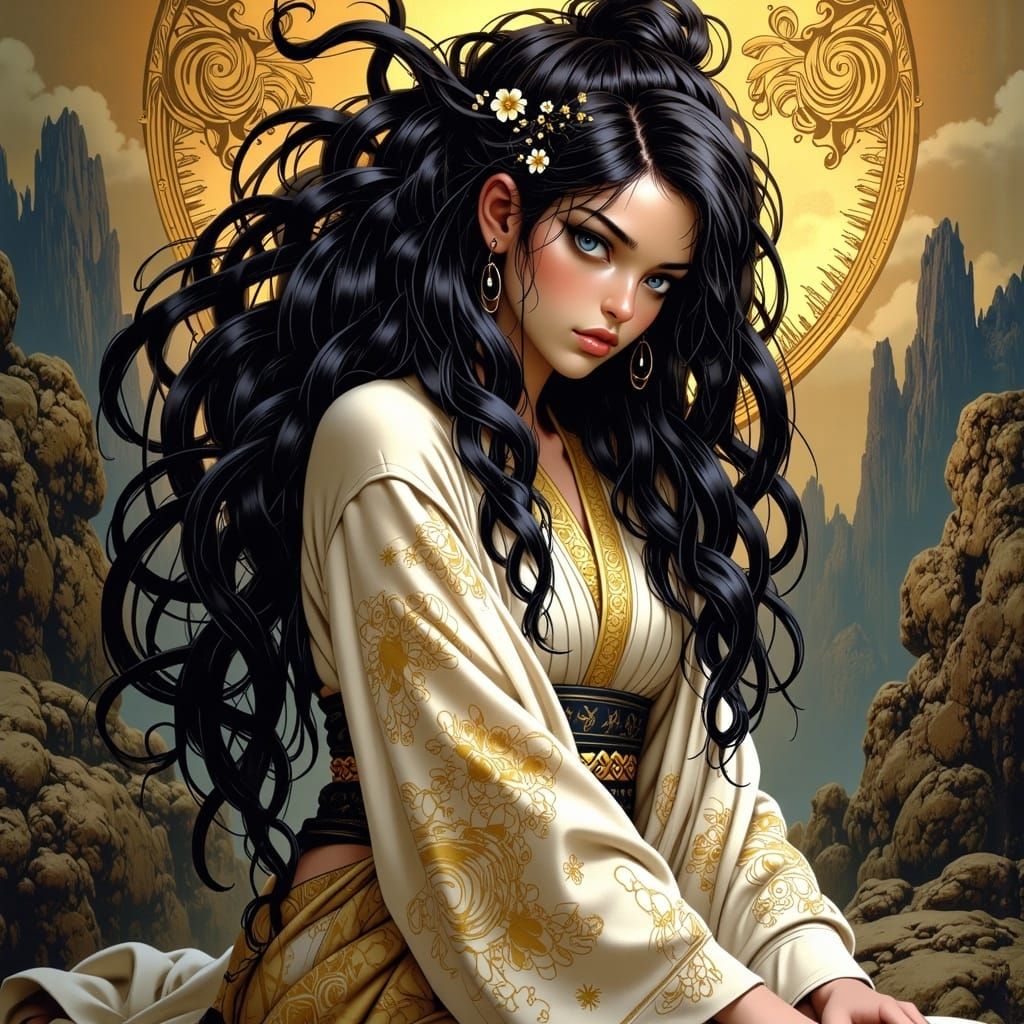 Amaterasu: Japanese Goddess in Gold Kimono