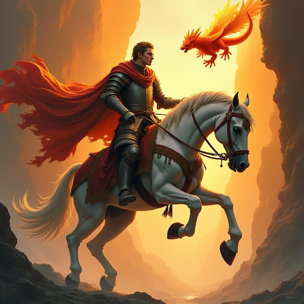Knight and Fire Spirit in Dreamlike Fantasy