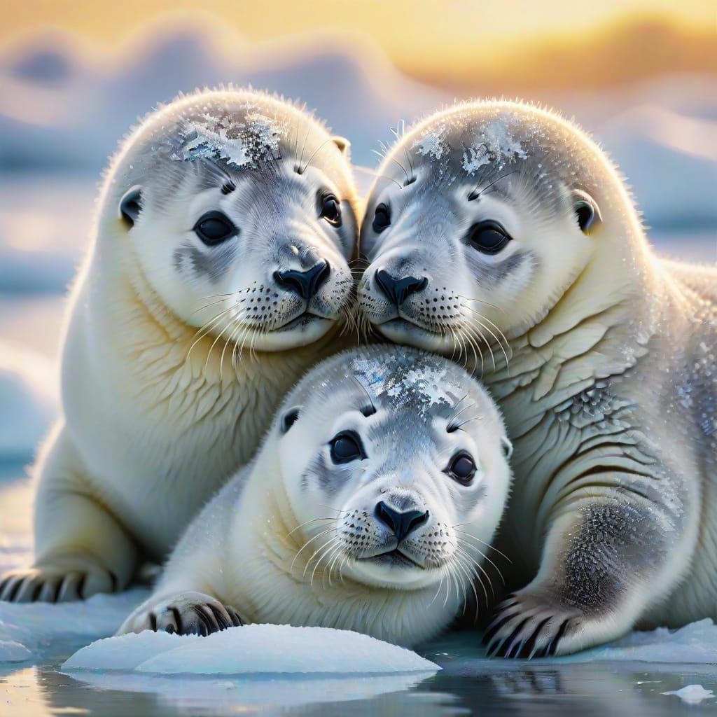 Cute Arctic Seal Pups Cuddle in Golden Light
