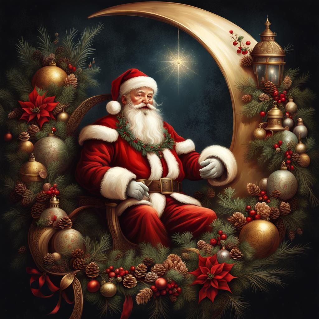 Vintage Christmas Santa Surrounded by Holiday Decor