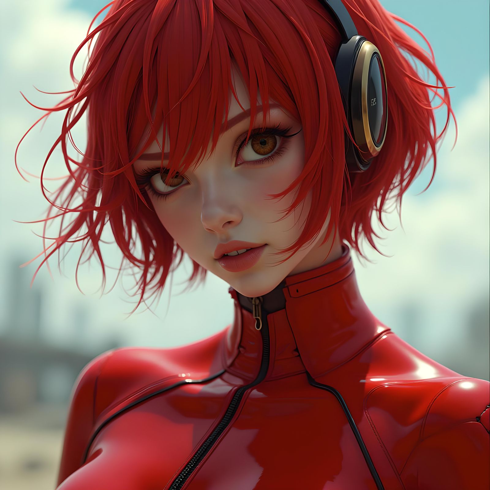 Woman with Headset and Red Bodysuit
