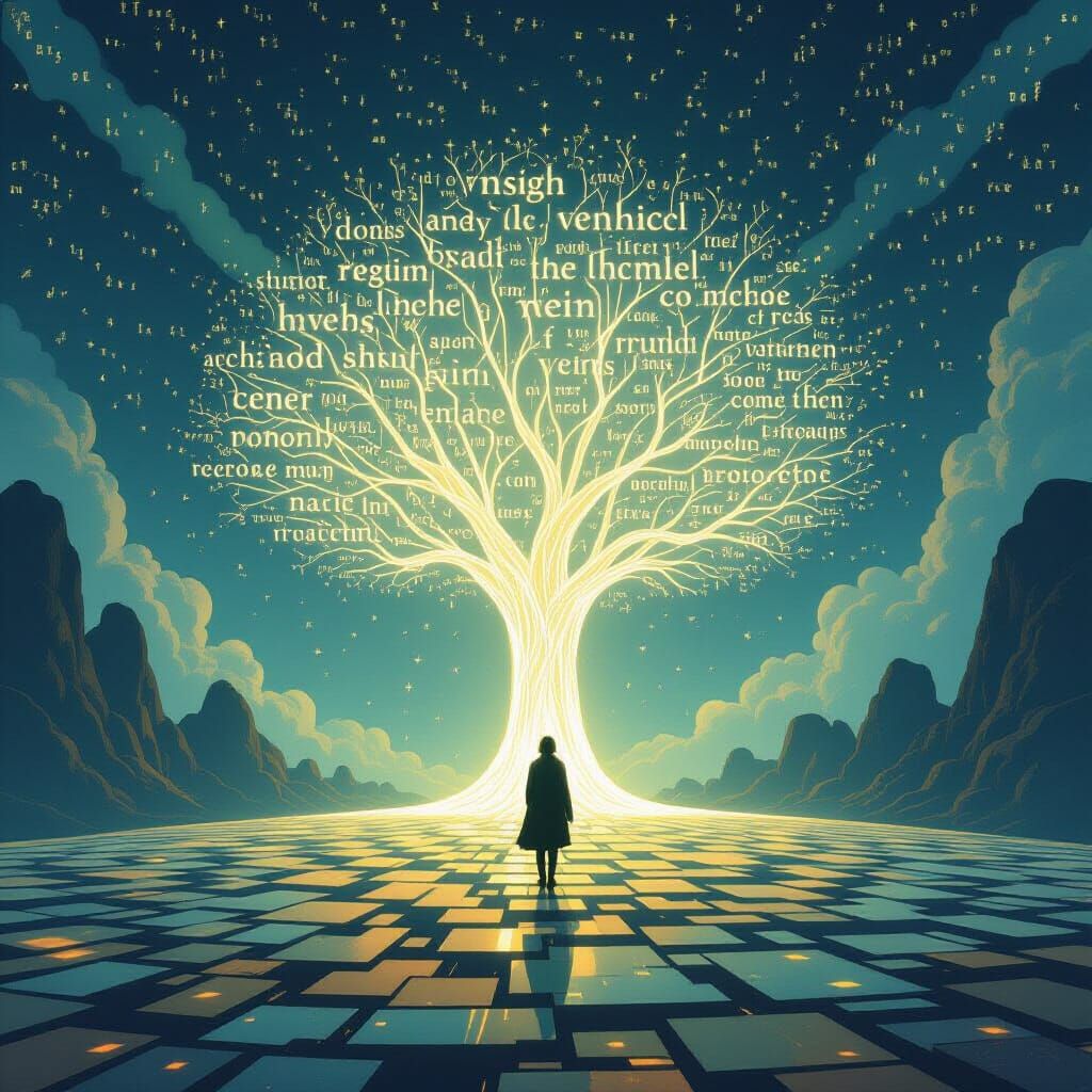 Ethereal Tree of Glowing Words in Luminous Field