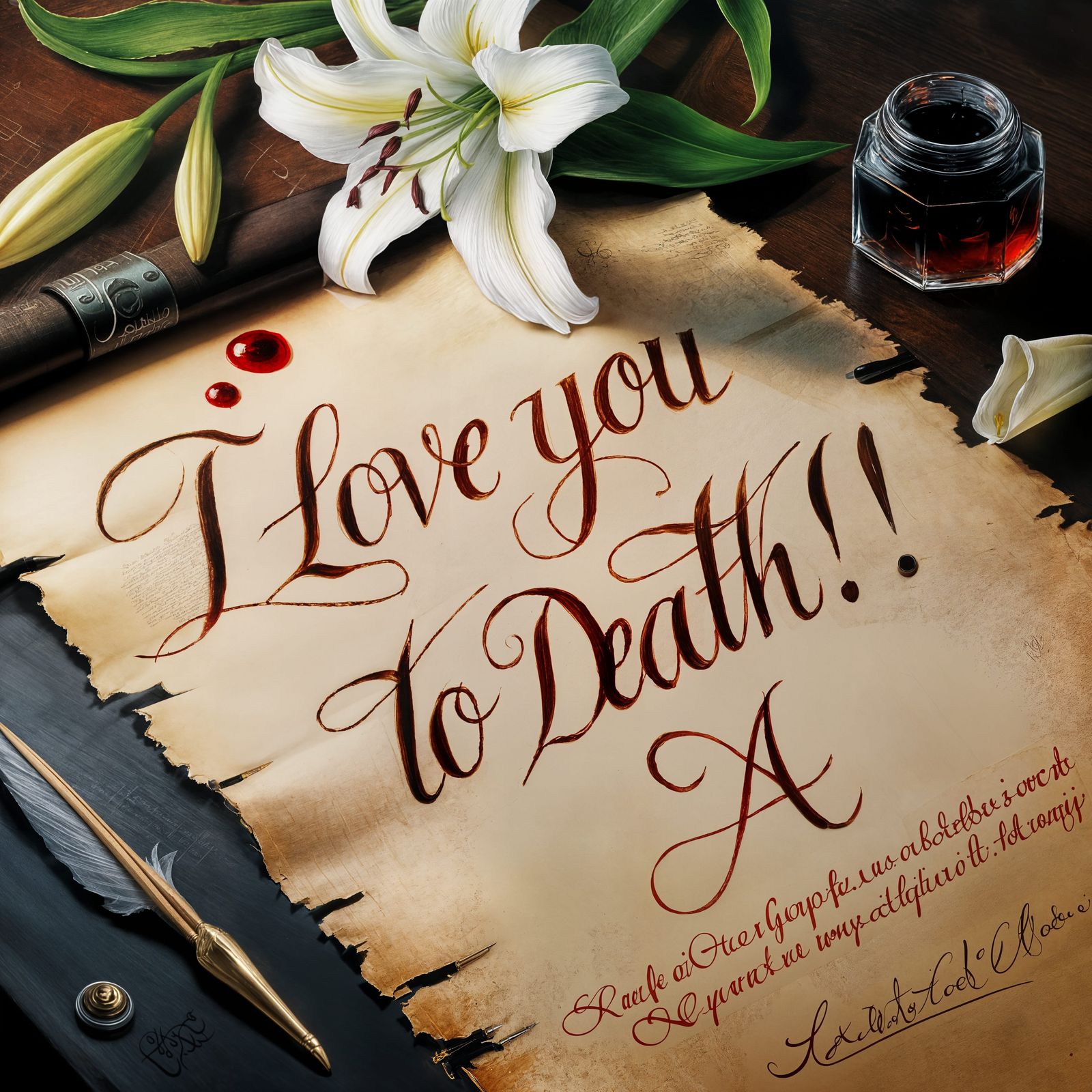 Calligraphic Love Note with Lilies and Blood