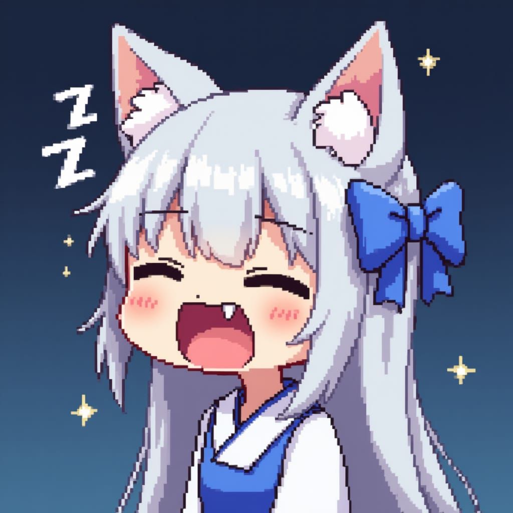 Pixel Art Chibi Catgirl Yawning in Blue Gradient