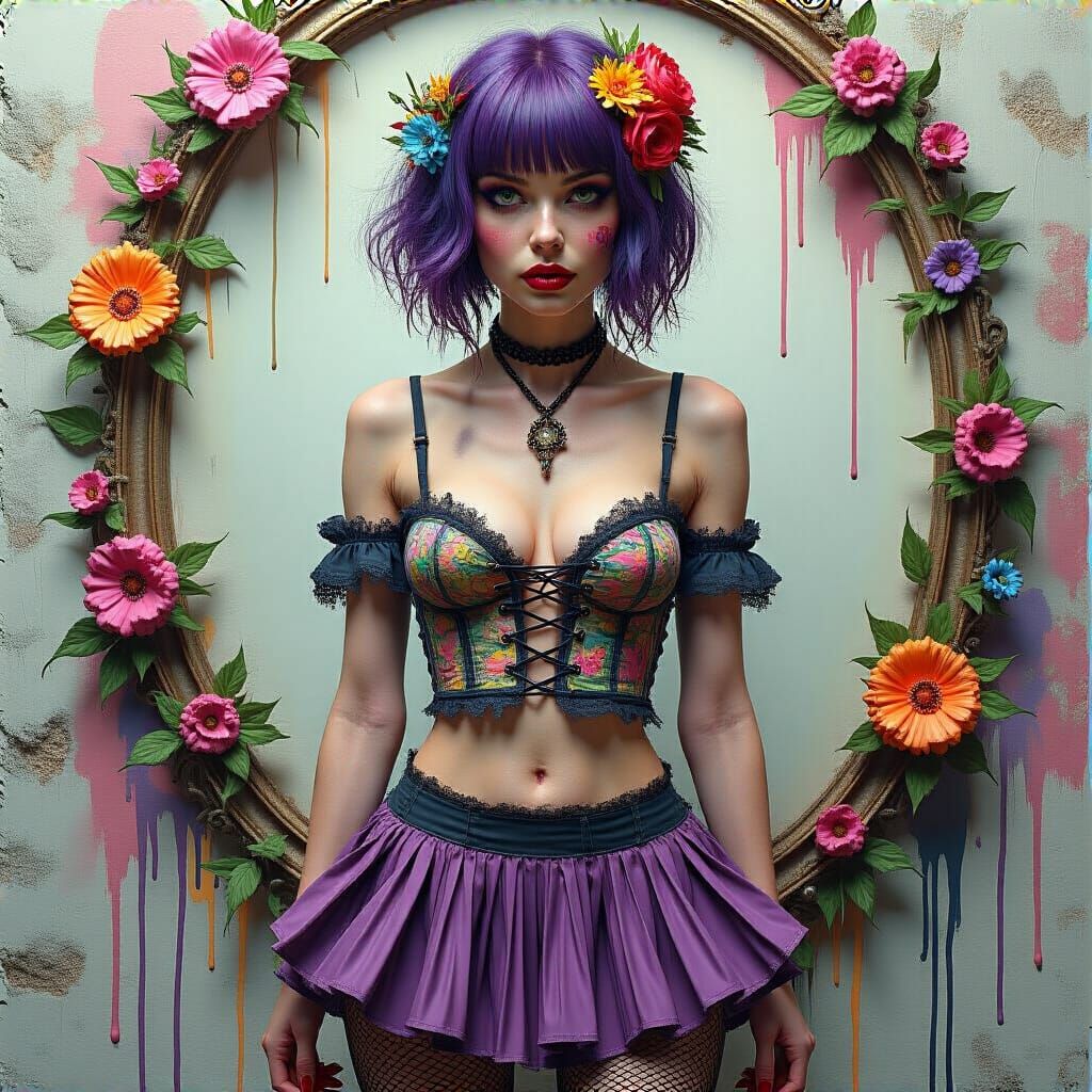 Woman Entwined with Flowers in Klimt Graffiti Style