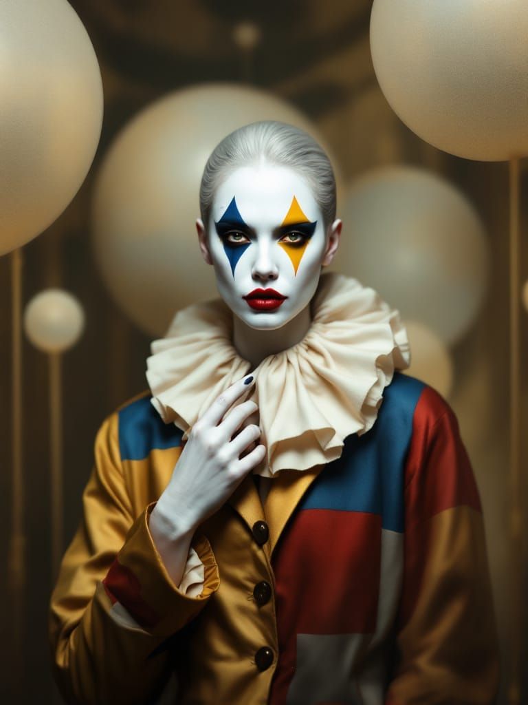 Dramatic Harlequin with Geometric Face Paint, Digital Art