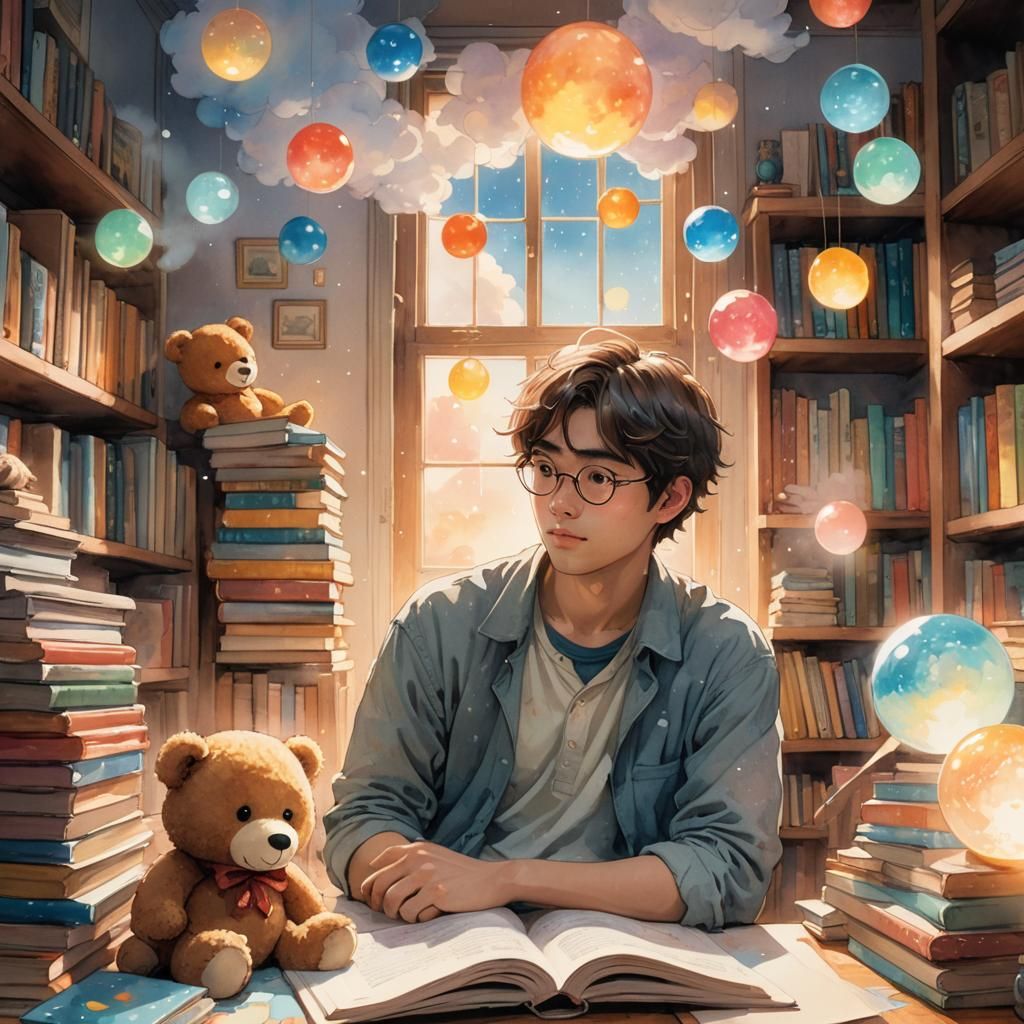 Dreamy Watercolor: Young Man in Cozy, Whimsical Room