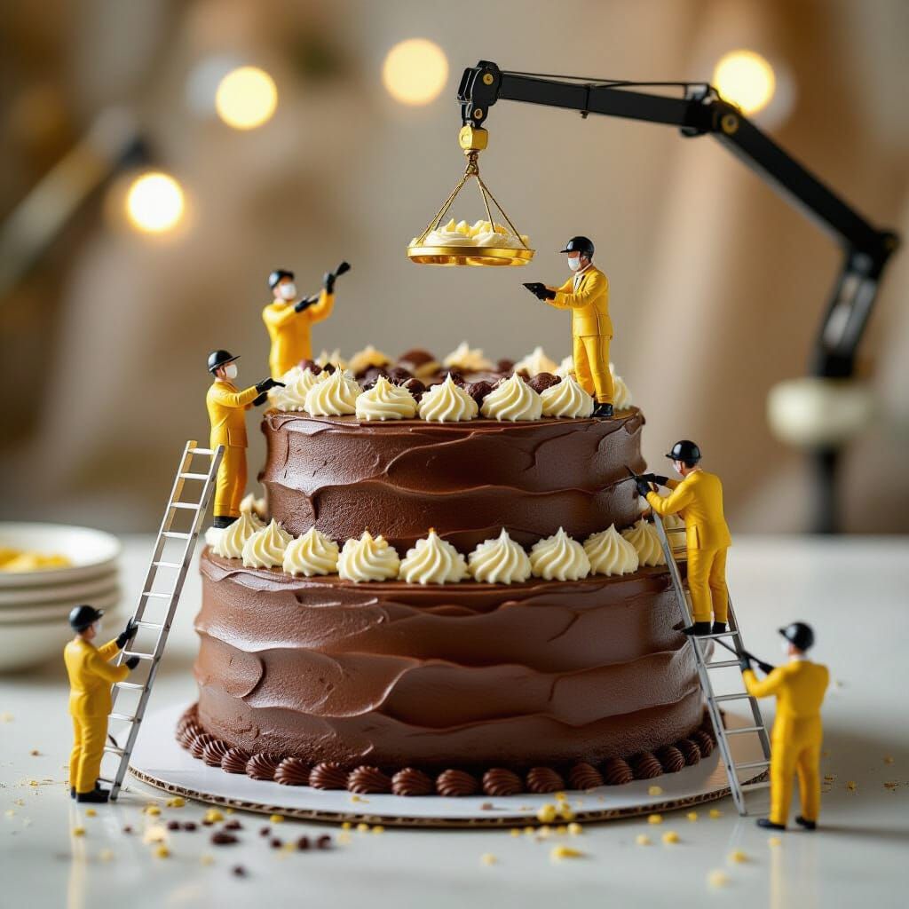 Hyperrealistic Chocolate Cake Adorned by Miniature Workers