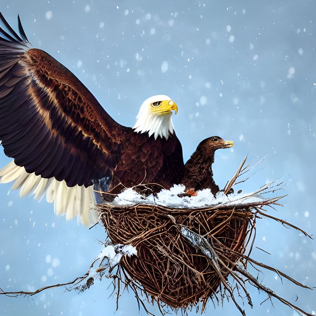 Eagle Feeding Babies in Snowy Nest: Hyperrealistic Art