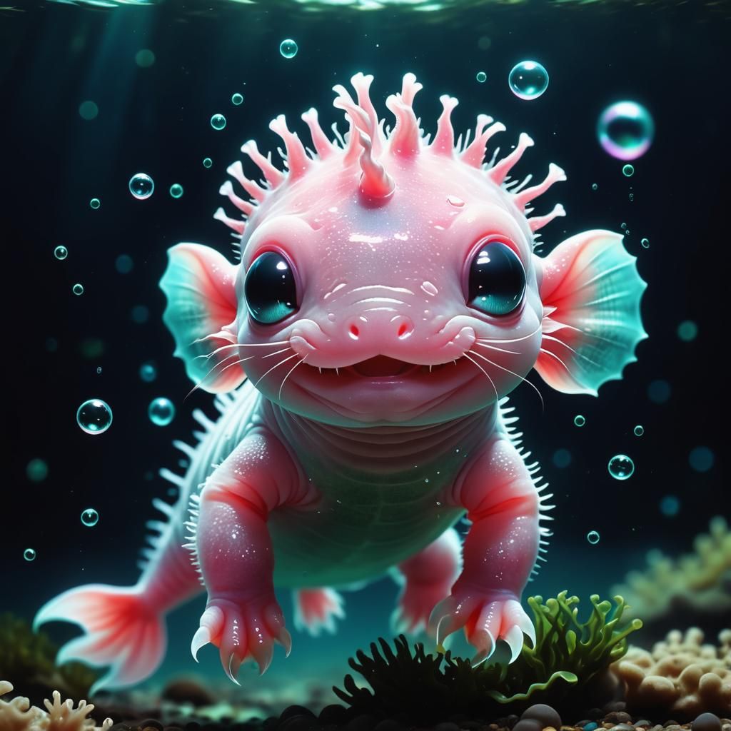 Adorable Baby Axolotl Sea Monster with Big Eyes
