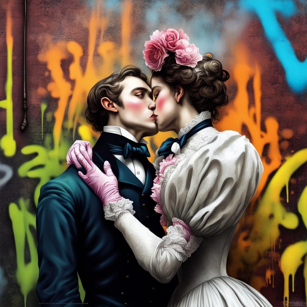 Victorian Couple Kiss in Graffiti Street Art Style