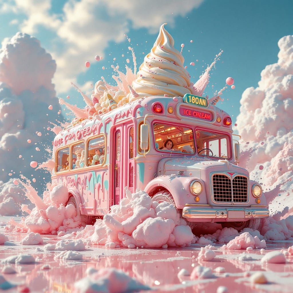 Hyperrealistic Ice Cream Bus Explosion in an Ice Cream World
