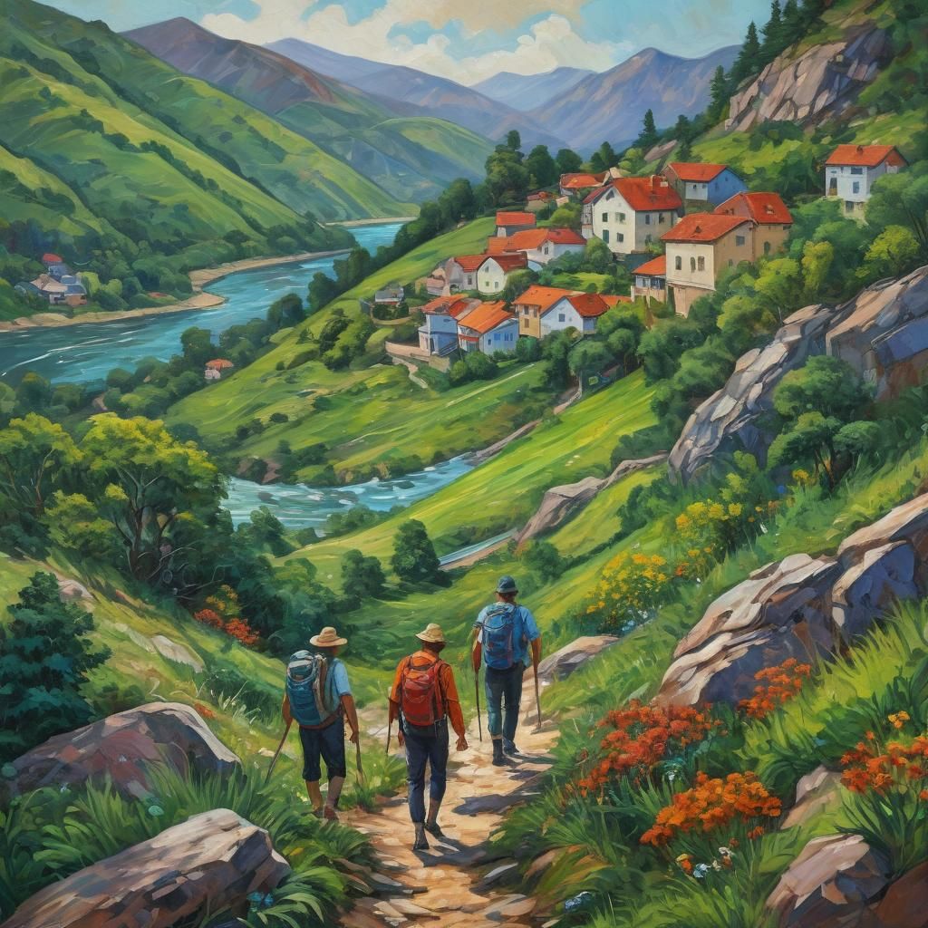 Hikers in Neo-Impressionist Mountain Landscape