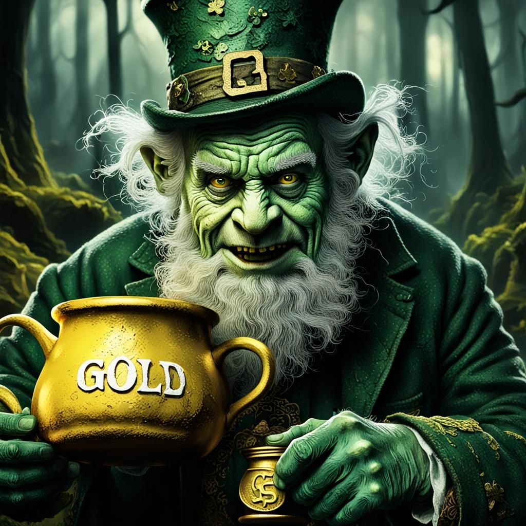 Cursed Leprechaun with Pot of Gold in Dark Forest