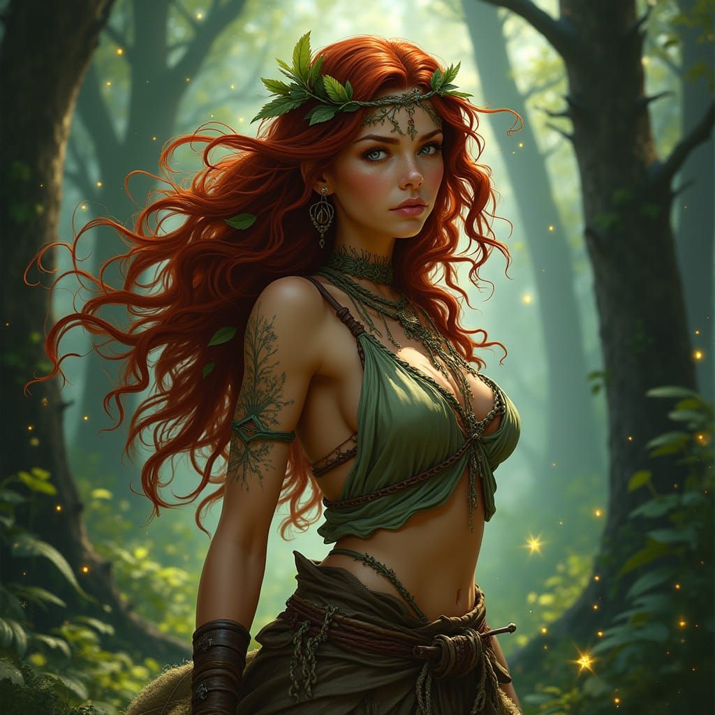 Ethereal Half-Elf Druidess Surrounded by Lush Forest