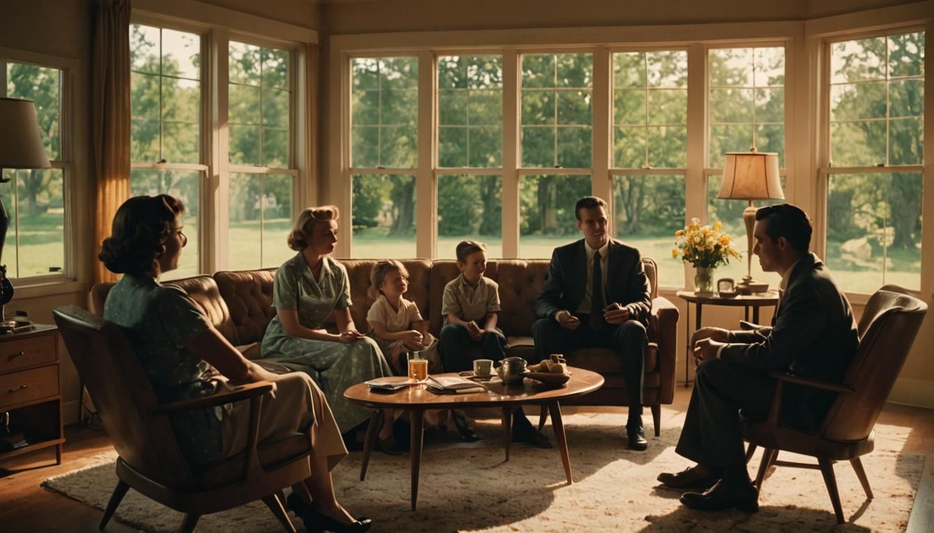 Vintage Family Scene in American Film Noir Style