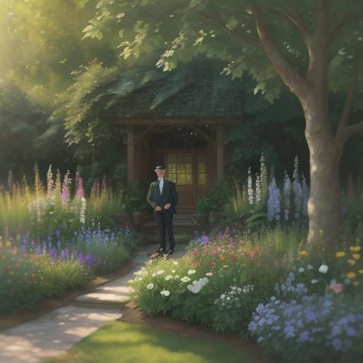 Impressionist Man in Garden with Golden Light