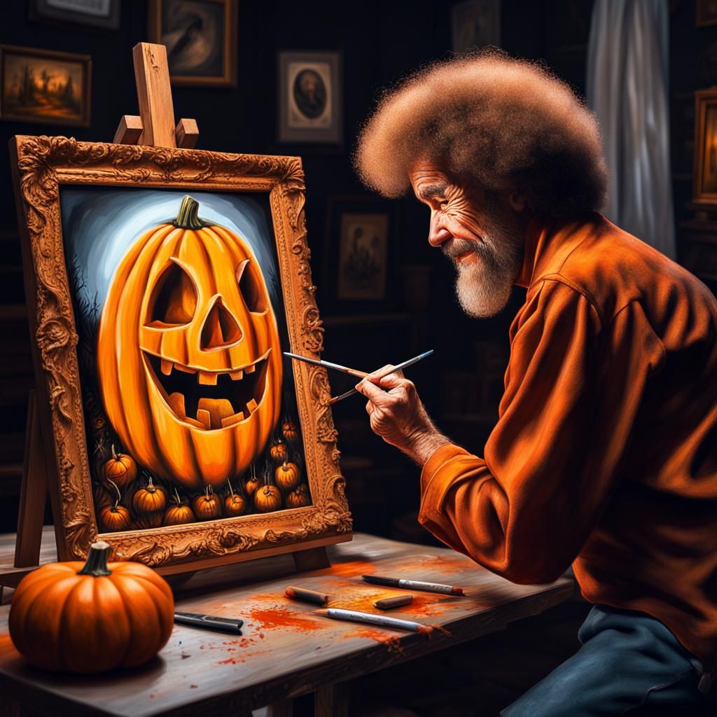 Hyperrealistic Jack-O-Lantern Portrait in Bob Ross Style
